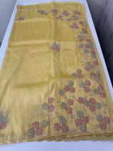 Handworked Premium Glass tissue flowy organza saree applique work MCH221 - Yellow