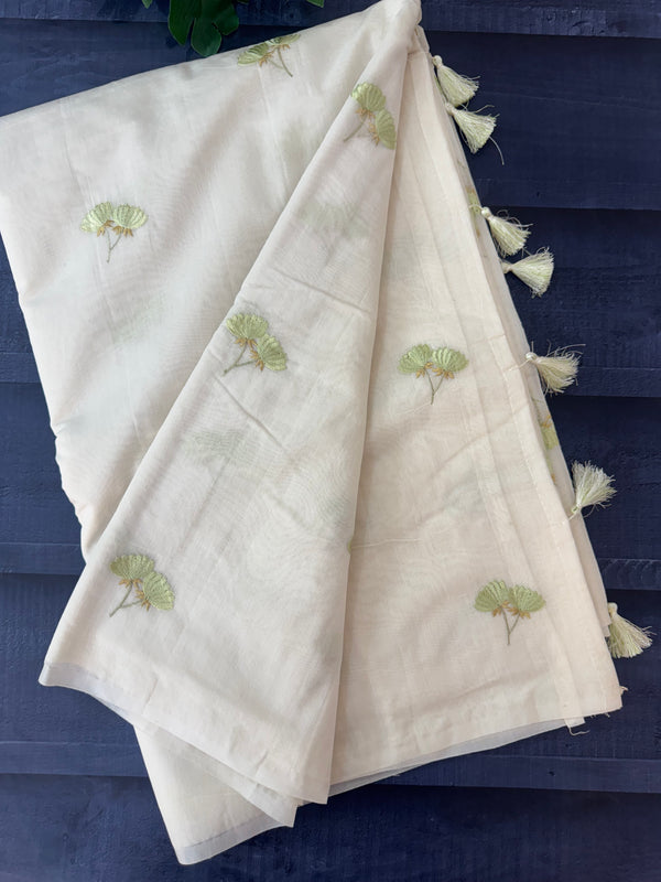 Mul chanderi saree with embriodery MSH114- Green flowers