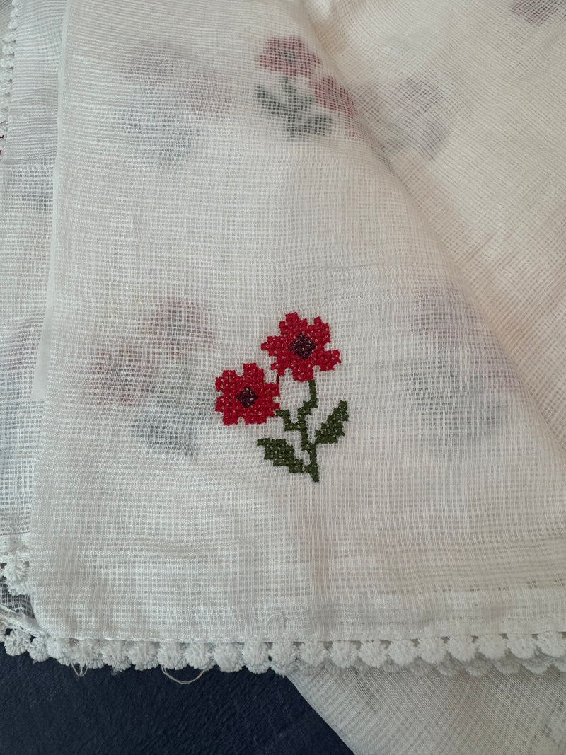 Kota checks embroidery saree White & Red