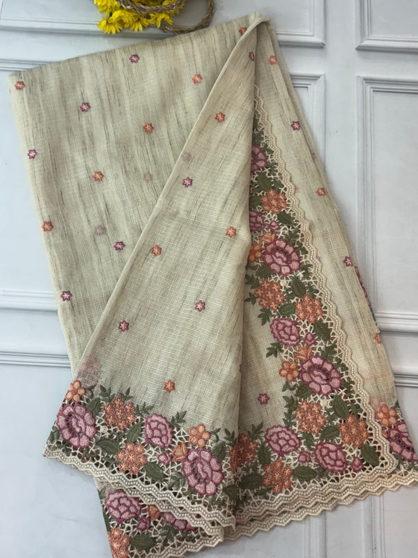 Embriodery Kota Silk Cutwork saree FBLK100 - Beige