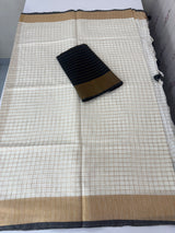 Linen cotton saree with antique zari checks MLS9766- Offwhite and Black