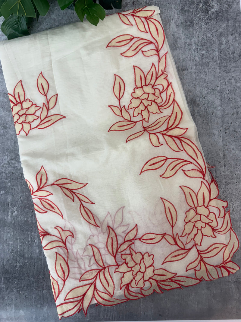 Mul chanderi applique work saree  MSH137 - Cream & Red