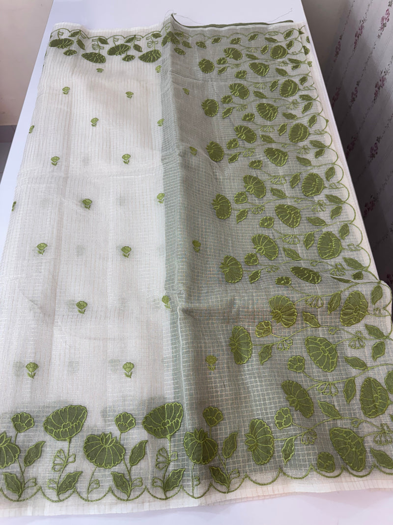 Tissue silk saree with zari checks and applique work  MSH105- Offwhite to Green