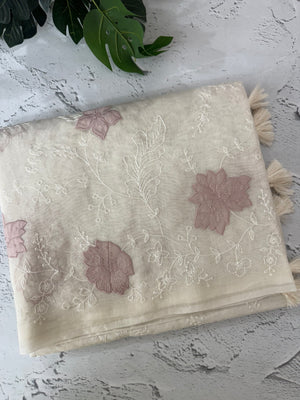 Soft Kota Chanderi saree with applique work MCH689 - Offwhite to NudePink