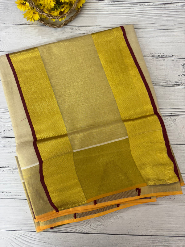 Kerala gold tissue saree with temple border- Maroon