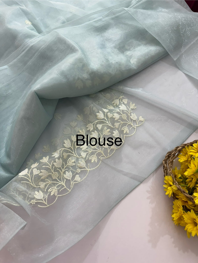 Glassy tissue organza saree with embroidery FKSF88- PowderBlue