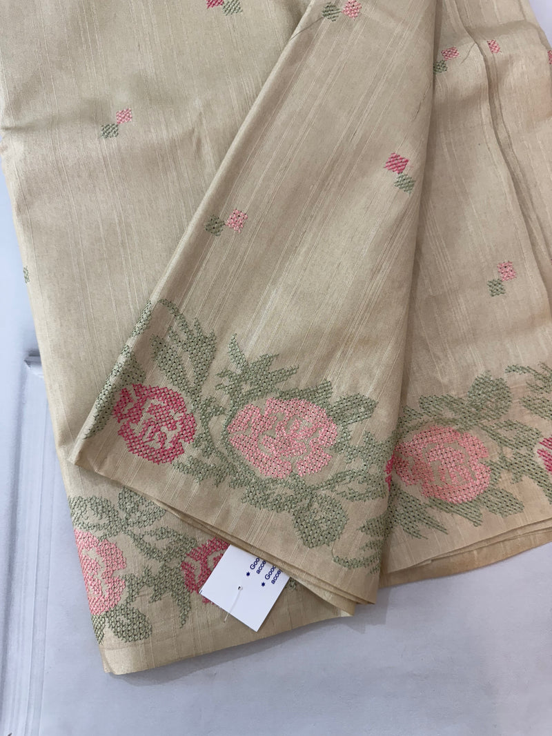 Crepe semi tussar silk saree with cross stitch embroidery - SEFNCCM