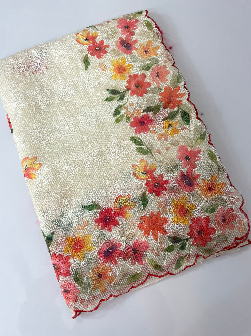 Phulkari NetKota Embroidery and digital printed saree - OffWhite MS6001