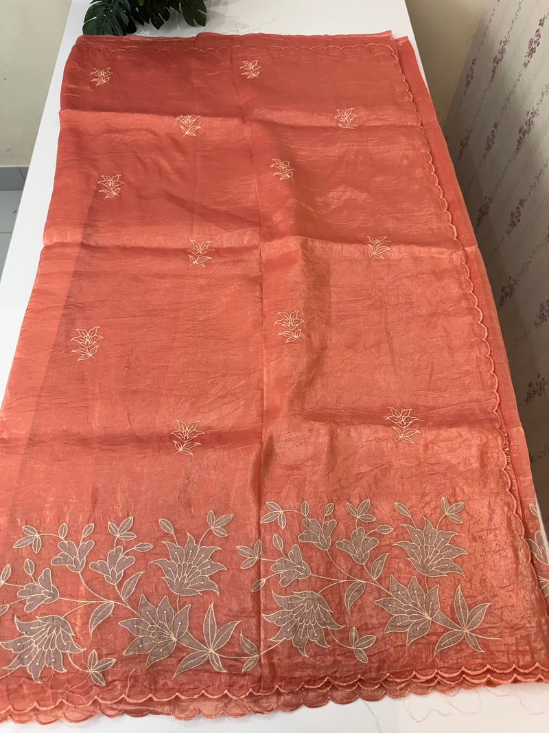 Crush Organza applique work saree MS14589 - Peach
