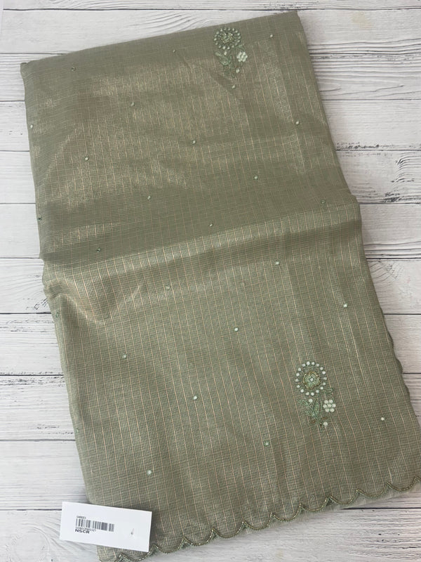 Tissue silk saree with foil work and cutdana scalloped border 
MTSS432 - DuskyGreen