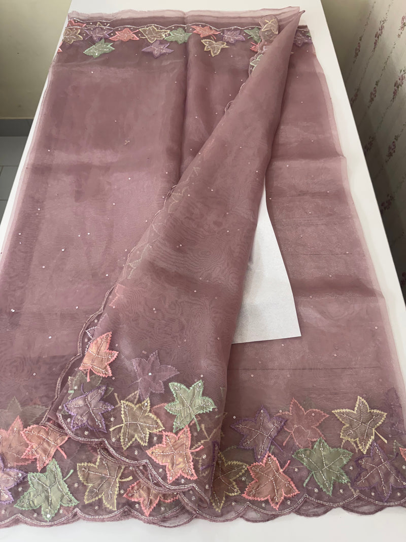 Handworked glass organza saree with applique work- MSHW227- Pastel Mauve