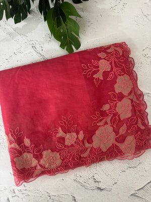 Semi Organza saree with applique borders - MCW799 CrimsonPink
