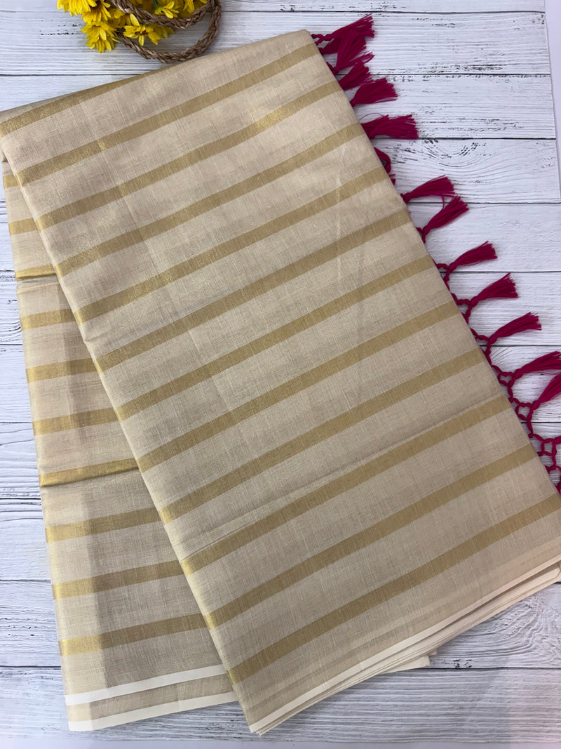 Kerala tissue saree - Stripes with Pink tassels