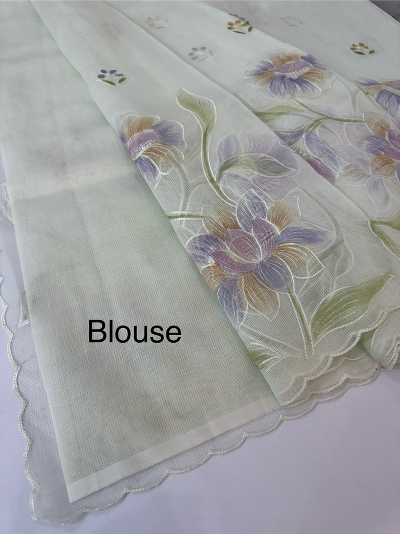 Supernet saree with embroidery and handpainting MSH104- PastelGreen