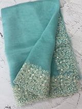 Glass organza saree with embroidery borders- MCW161 AquaBlue