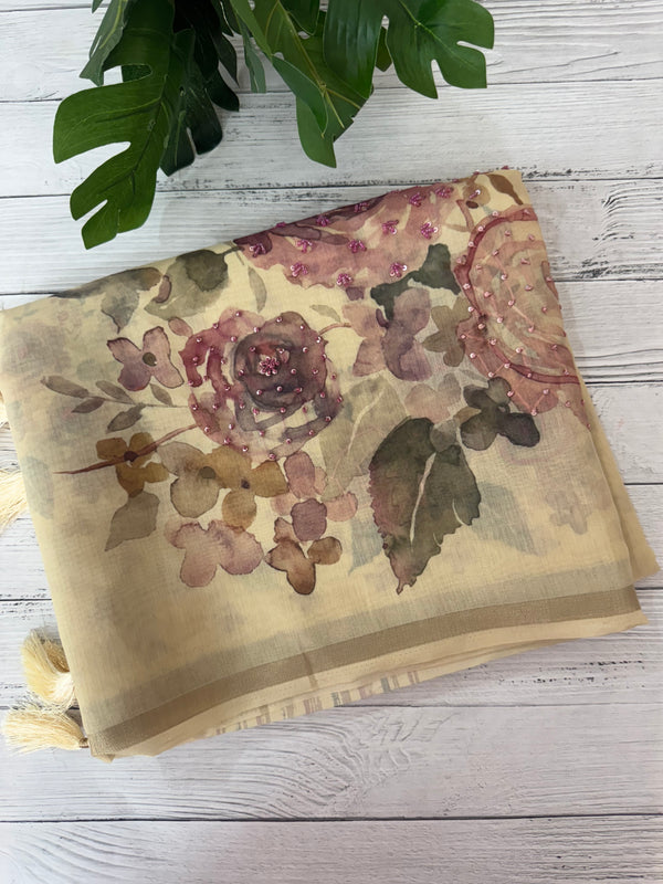 Linen- chanderi saree with french knots, sequence and bead work - MS19965