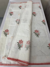Lightweight Supernet saree with cross stitch embroidery MS142- White to Peach
