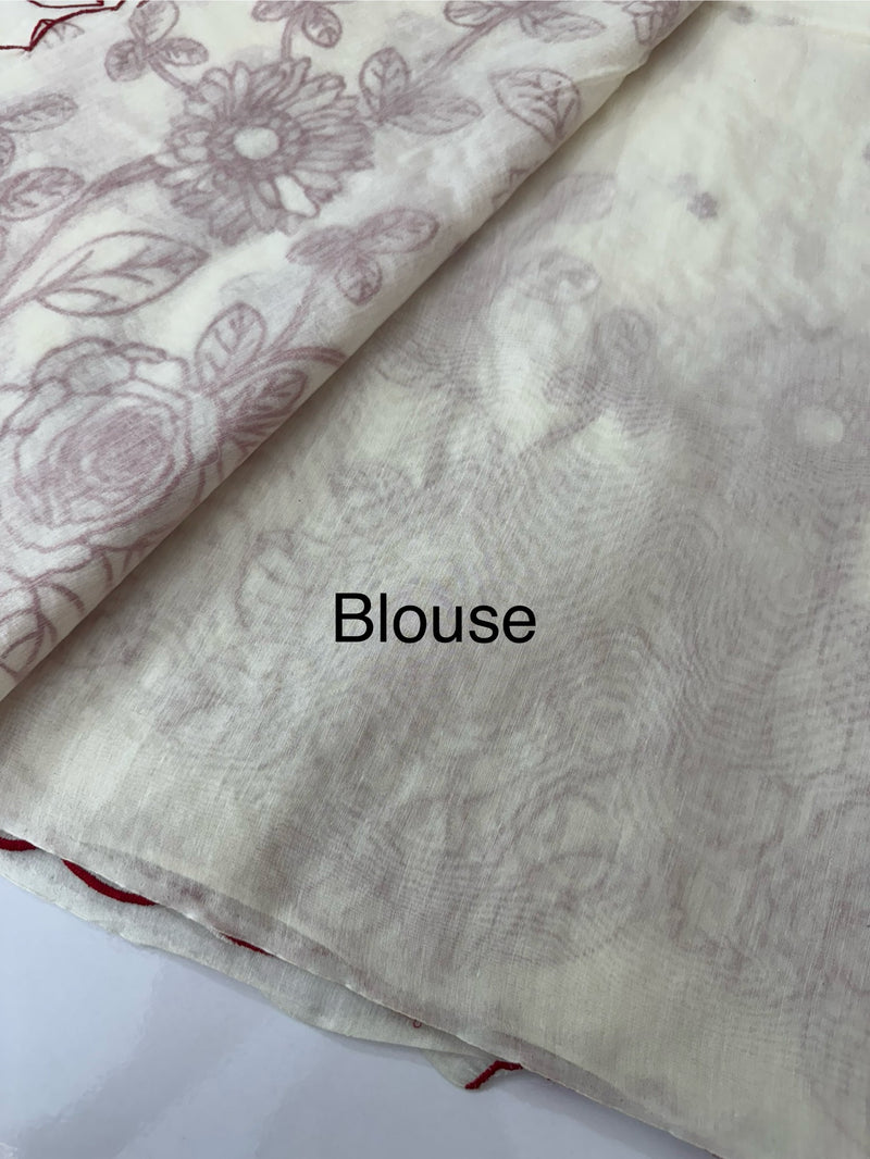 Mul chanderi embriodery saree  MSH135 - Offwhite & Red (Design 3)