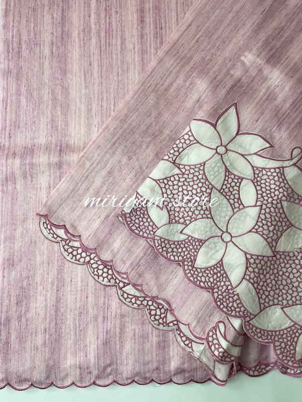 Crepe semi tussar saree with embroidery and scalloped border MCSS654 - Pastel Pink