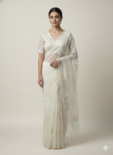 Glass organza saree with applique work- MSHW229- Off White