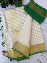 Linen-cotton checks saree with zari border MLS9766- GREEN