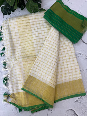 Linen- slub cotton checks saree with zari border MLS9766- GREEN