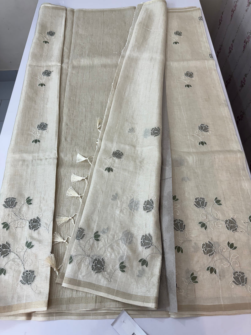Blended soft tussar saree with embriodery - MS8186 Cream