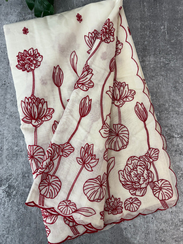 Mul chanderi embriodery saree  MSH135 - Offwhite & Red (Design2)