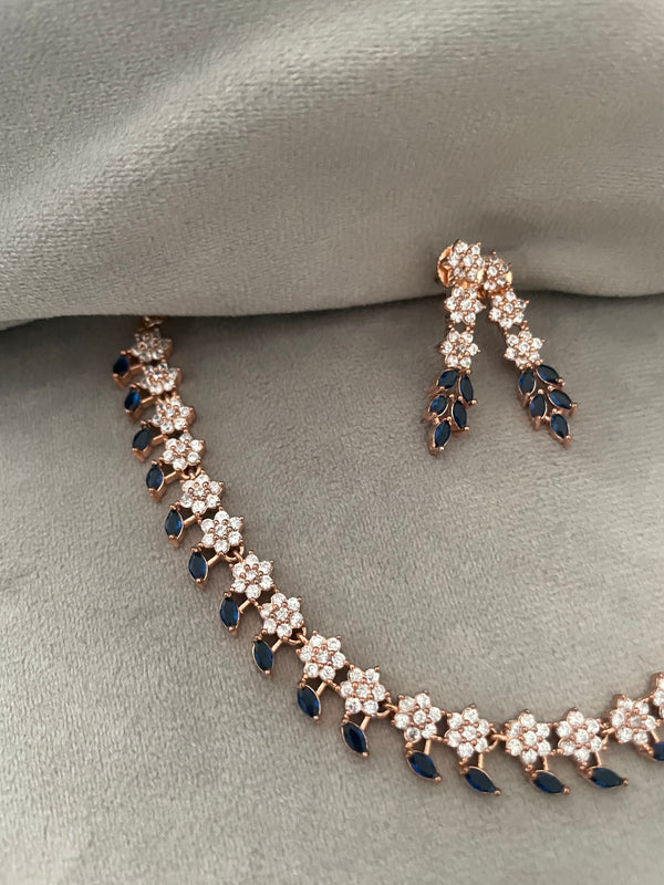 Miriyam CZ rosegold necklace Set- White & Blue stones