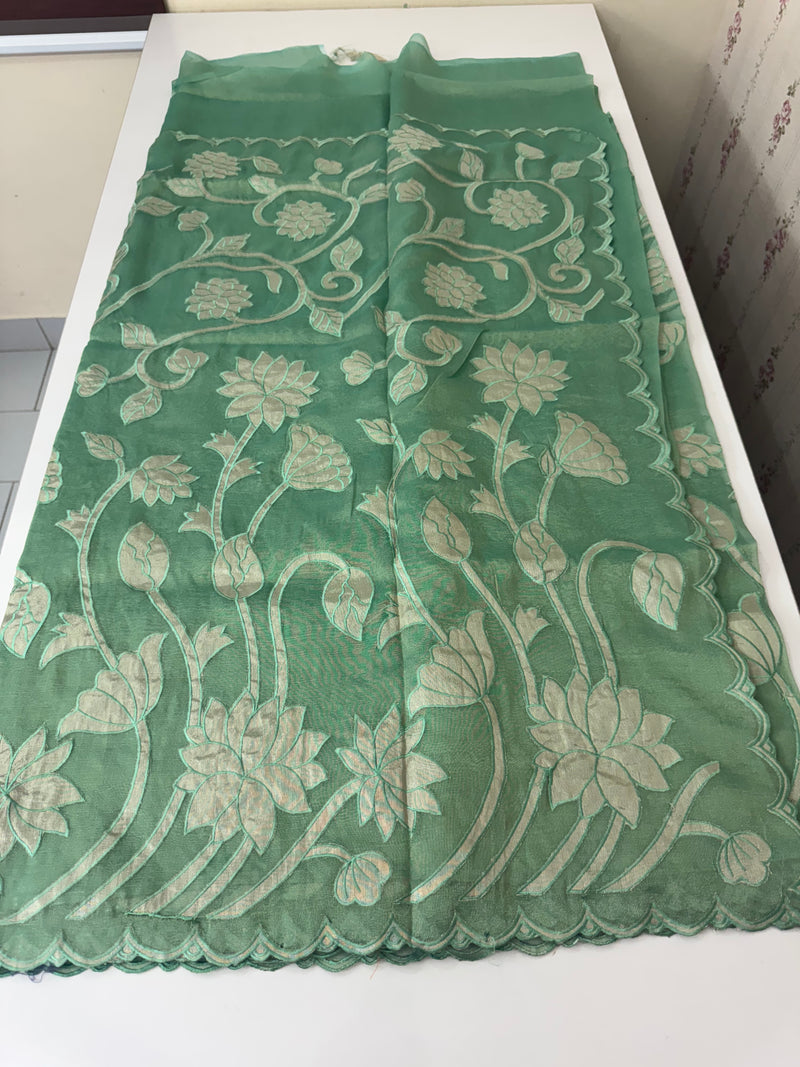 Dual tone Crush silk Organza Applique work saree MS14567- JadeGreen