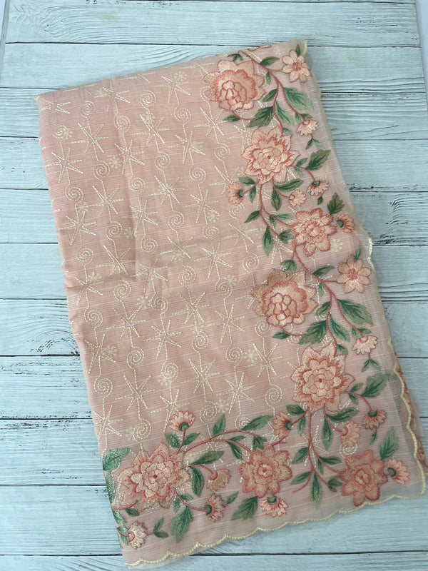 Phulkari NetKota embroidery saree - MSH126 Pastel Peach