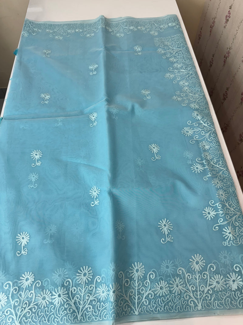 Semi organza saree with lace embroidery - MSH117 LightBlue