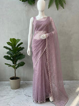 Glassy tissue organza saree with embroidery FKSF121- Lilac