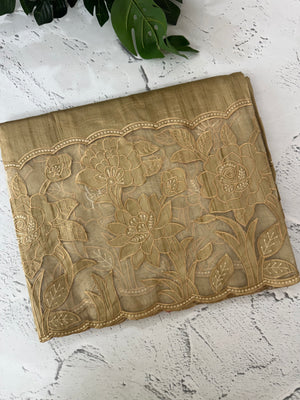 Blended tussar saree with organza applique applique borders MTSS452 Chiku