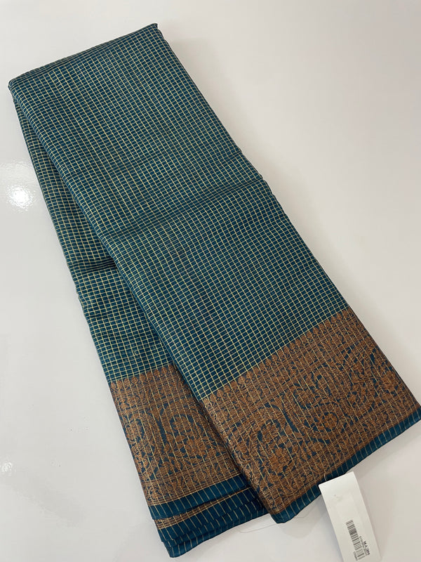 Semi silk saree with checks zari weaving MS81543- PeacockBlue