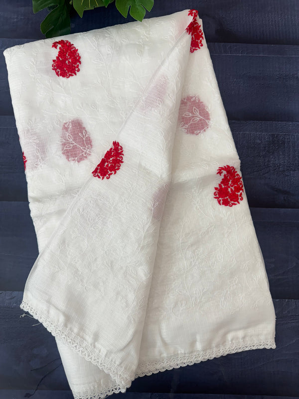 Kota checks saree with embroidery SVTS35 - White & Red