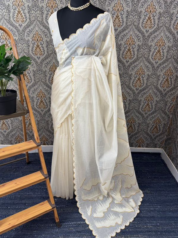 Mul chanderi embriodery saree with scalloped borders MCBS654
