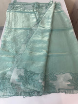 Fancy satin silk organza saree with applique borders MS14207 BlueGreen