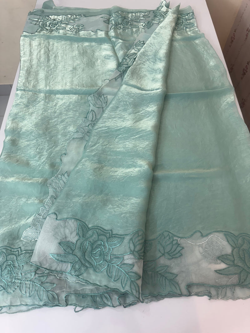 Fancy satin silk organza saree with applique borders MS14207 BlueGreen