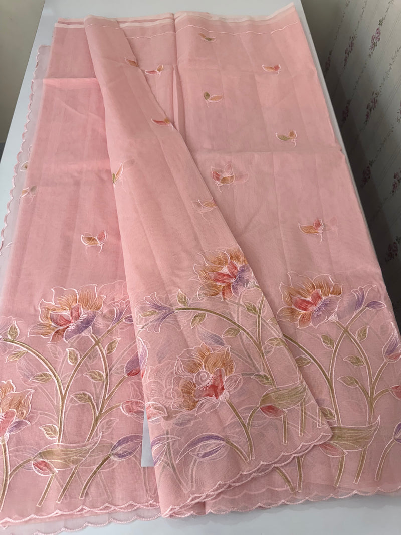 Supernet saree with embroidery and handpaintingwork MSH104- Pastel PeachPink