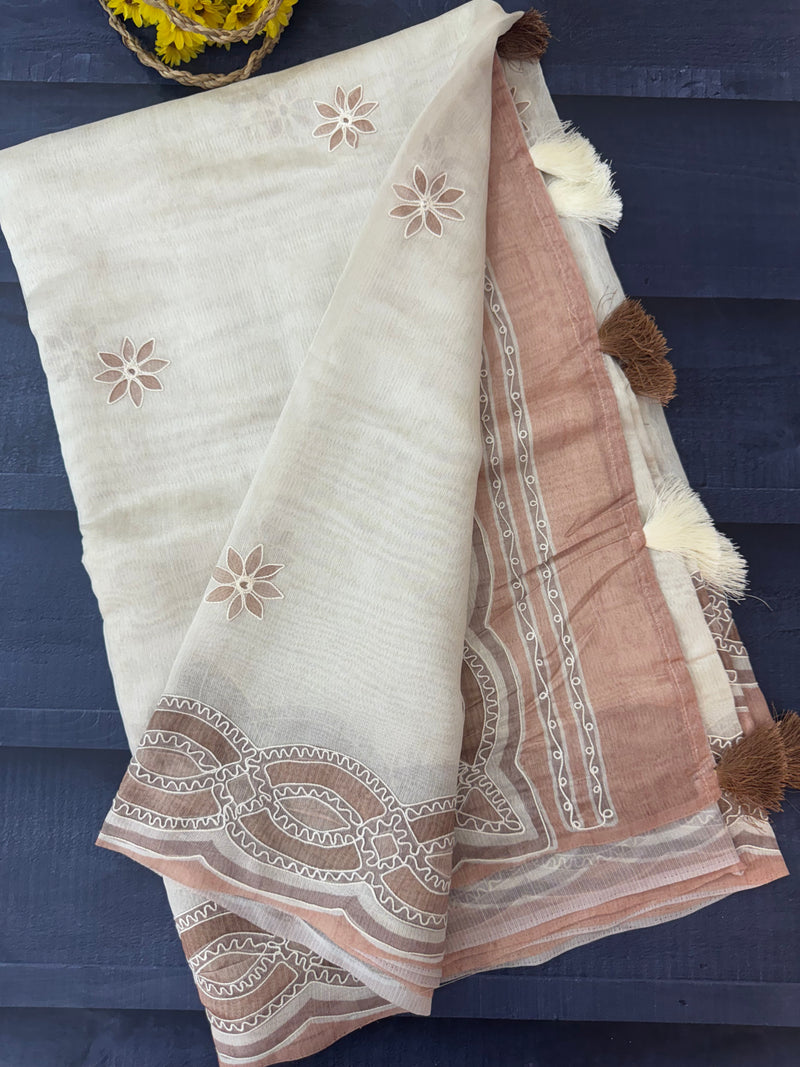 Blended tussar silk saree with embroidery- MS43778