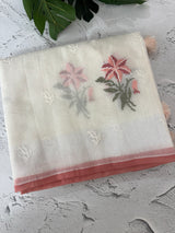 Lightweight Supernet saree with cross stitch embroidery MS142- White to Peach