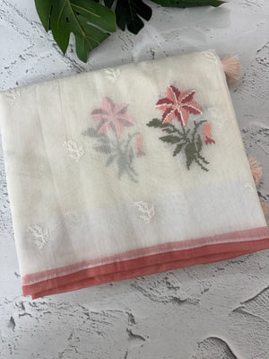 Lightweight Supernet saree with cross stitch embroidery MS142- White to Peach