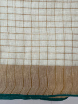 Linen cotton saree with antique zari checks MLS9766- Offwhite and RamaGreen