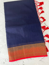 Jute silk sarees with contrast pallu & blouse MJL396 DarkBlue to Red