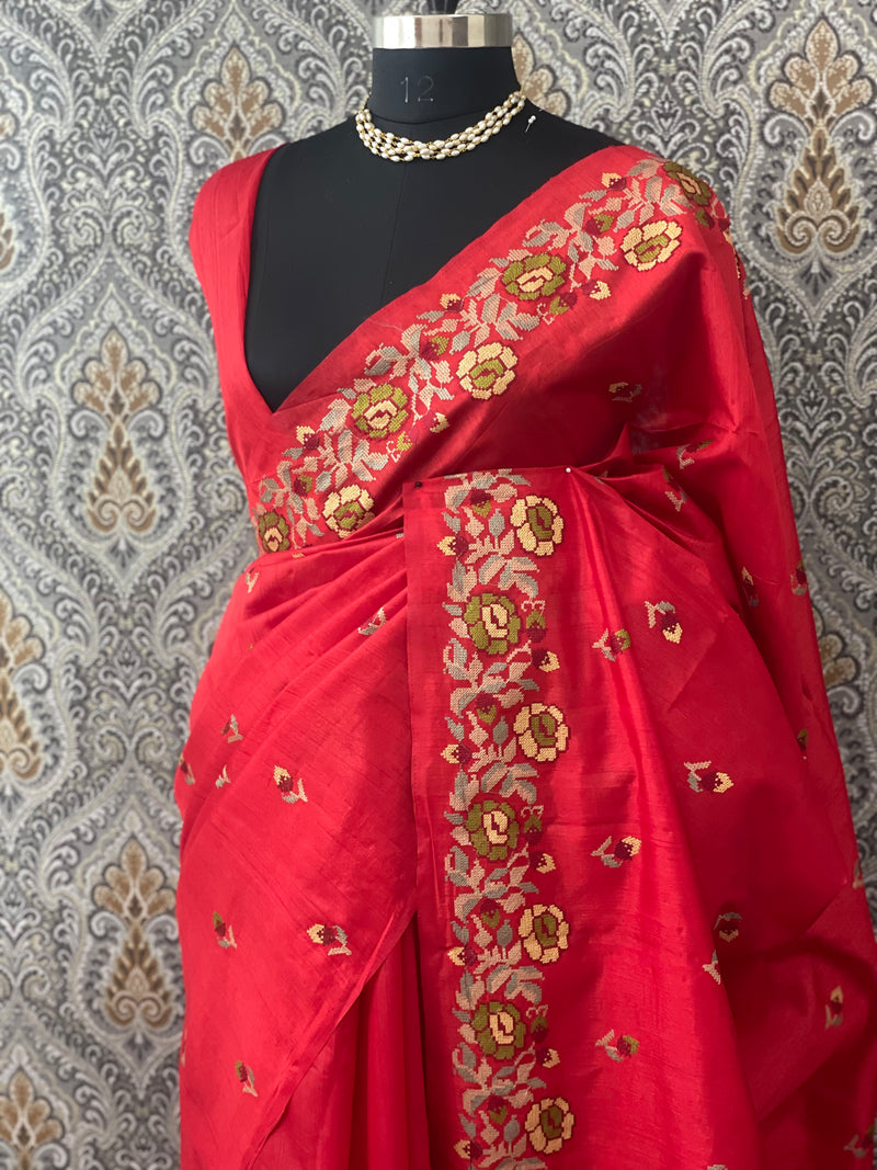 Blended tussar silk saree with embroidery - MS78911 Red