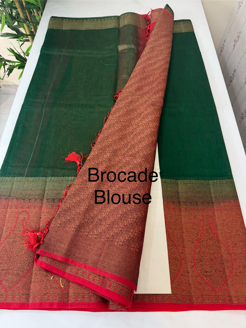 Jute silk sarees with contrast pallu & blouse MJL3412 BottleGreen to Red