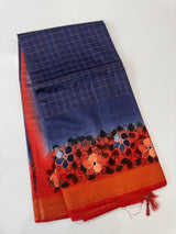 Checks Semi tussar saree with hand painting MS3432
