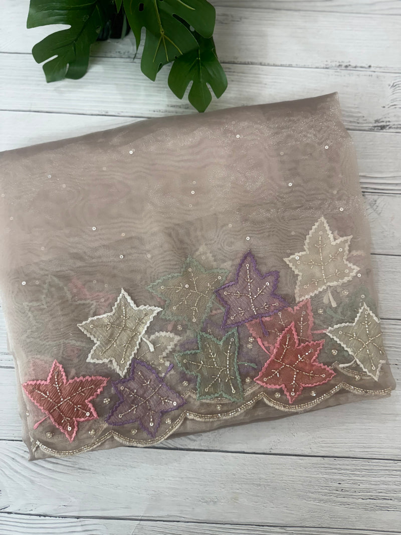 Handworked glass organza saree with applique work- MSHW227- GreyBeige