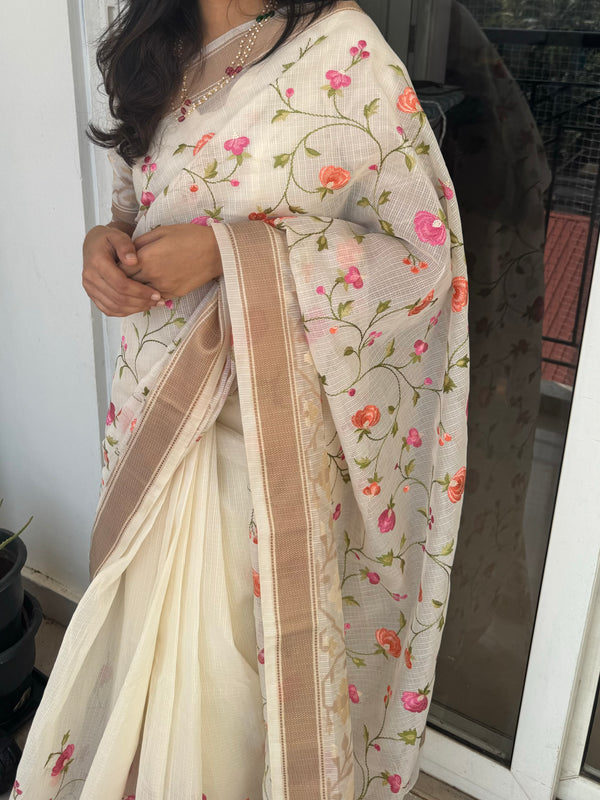 Embriodery kota silk saree MNEKS411 OffWhite